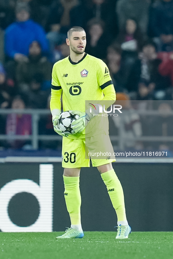 Lucas Chevalier of LOSC Lille during the UEFA Champions League 2024/25 League Phase MD5 match between Bologna FC and LOSC Lille at Stadio Re...