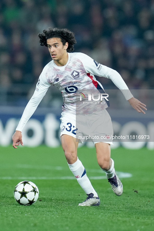 Ayyoub Bouaddi of LOSC Lille during the UEFA Champions League 2024/25 League Phase MD5 match between Bologna FC and LOSC Lille at Stadio Ren...