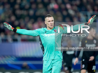 Lukasz Skorupski of Bologna FC gestures during the UEFA Champions League 2024/25 League Phase MD5 match between Bologna FC and LOSC Lille at...