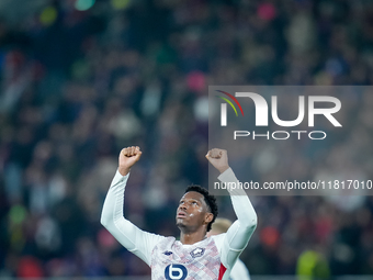 Jonathan David of LOSC Lille celebrates the victory during the UEFA Champions League 2024/25 League Phase MD5 match between Bologna FC and L...