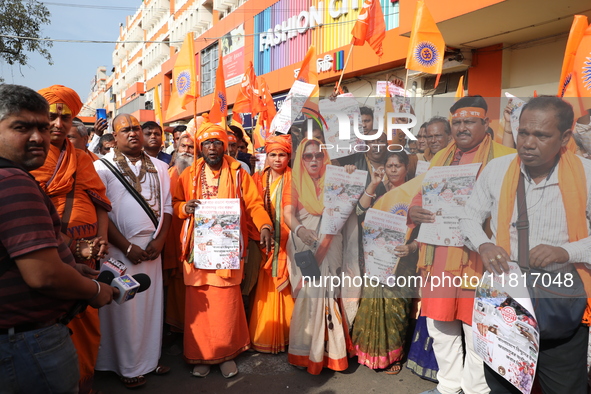 Members of Hindu Jagaran Monch shout slogans during a protest march towards the Bangladesh consulate against the recent arrest of ISKCON Ban...