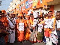 Members of Hindu Jagaran Monch shout slogans during a protest march towards the Bangladesh consulate against the recent arrest of ISKCON Ban...