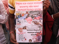 Members of Hindu Jagaran Monch shout slogans during a protest march towards the Bangladesh consulate against the recent arrest of ISKCON Ban...