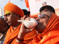 Members of Hindu Jagaran Monch shout slogans during a protest march towards the Bangladesh consulate against the recent arrest of ISKCON Ban...