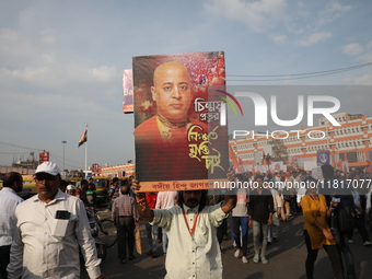 Members of Hindu Jagaran Monch shout slogans during a protest march towards the Bangladesh consulate against the recent arrest of ISKCON Ban...