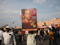 Members of Hindu Jagaran Monch shout slogans during a protest march towards the Bangladesh consulate against the recent arrest of ISKCON Ban...