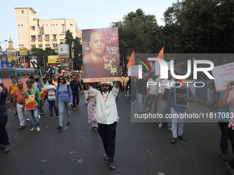 Members of Hindu Jagaran Monch shout slogans during a protest march towards the Bangladesh consulate against the recent arrest of ISKCON Ban...