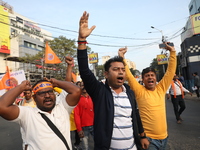 Members of Hindu Jagaran Monch shout slogans during a protest march towards the Bangladesh consulate against the recent arrest of ISKCON Ban...