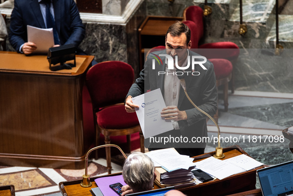 Ugo Bernalicis, deputy of La France Insoumise, participates in parliament during the debate on the repeal of the pension reform in Paris, Fr...