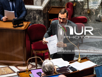 Ugo Bernalicis, deputy of La France Insoumise, participates in parliament during the debate on the repeal of the pension reform in Paris, Fr...