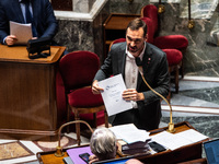 Ugo Bernalicis, deputy of La France Insoumise, participates in parliament during the debate on the repeal of the pension reform in Paris, Fr...