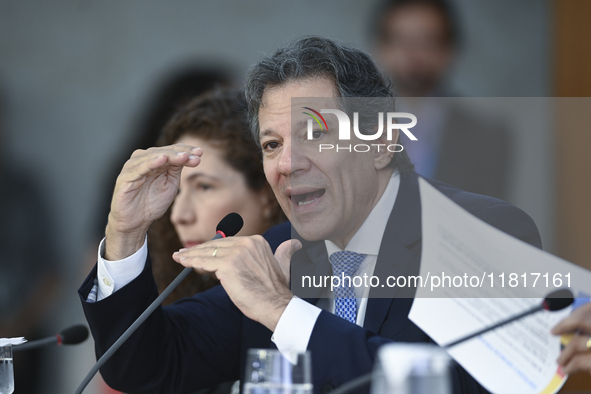 Brazil's Finance Minister, Fernando Haddad, holds a press conference at the Planalto Palace in Brasilia, Brazil, on November 28, 2024, to de...