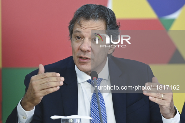 Brazil's Finance Minister, Fernando Haddad, holds a press conference at the Planalto Palace in Brasilia, Brazil, on November 28, 2024, to de...