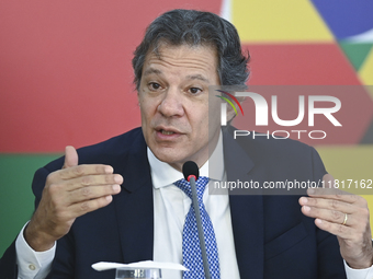 Brazil's Finance Minister, Fernando Haddad, holds a press conference at the Planalto Palace in Brasilia, Brazil, on November 28, 2024, to de...