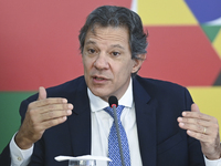 Brazil's Finance Minister, Fernando Haddad, holds a press conference at the Planalto Palace in Brasilia, Brazil, on November 28, 2024, to de...