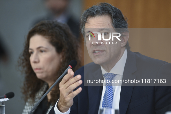 Brazil's Finance Minister, Fernando Haddad, holds a press conference at the Planalto Palace in Brasilia, Brazil, on November 28, 2024, to de...