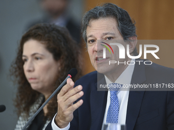 Brazil's Finance Minister, Fernando Haddad, holds a press conference at the Planalto Palace in Brasilia, Brazil, on November 28, 2024, to de...