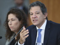 Brazil's Finance Minister, Fernando Haddad, holds a press conference at the Planalto Palace in Brasilia, Brazil, on November 28, 2024, to de...