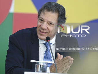 Brazil's Finance Minister, Fernando Haddad, holds a press conference at the Planalto Palace in Brasilia, Brazil, on November 28, 2024, to de...