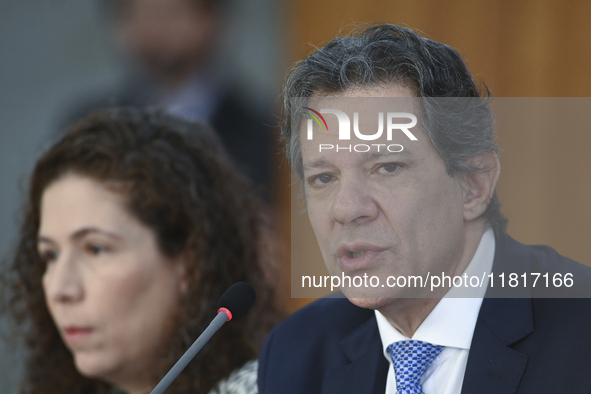 Brazil's Finance Minister, Fernando Haddad, holds a press conference at the Planalto Palace in Brasilia, Brazil, on November 28, 2024, to de...