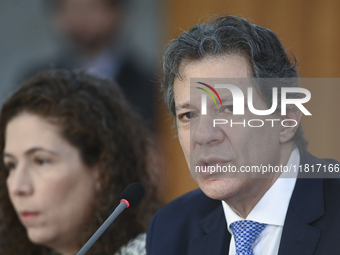 Brazil's Finance Minister, Fernando Haddad, holds a press conference at the Planalto Palace in Brasilia, Brazil, on November 28, 2024, to de...