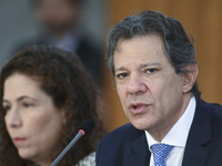 Brazil's Finance Minister, Fernando Haddad, holds a press conference at the Planalto Palace in Brasilia, Brazil, on November 28, 2024, to de...