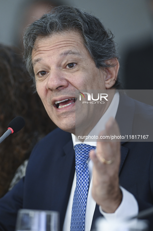 Brazil's Finance Minister, Fernando Haddad, holds a press conference at the Planalto Palace in Brasilia, Brazil, on November 28, 2024, to de...