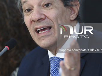 Brazil's Finance Minister, Fernando Haddad, holds a press conference at the Planalto Palace in Brasilia, Brazil, on November 28, 2024, to de...