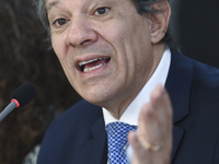 Brazil's Finance Minister, Fernando Haddad, holds a press conference at the Planalto Palace in Brasilia, Brazil, on November 28, 2024, to de...