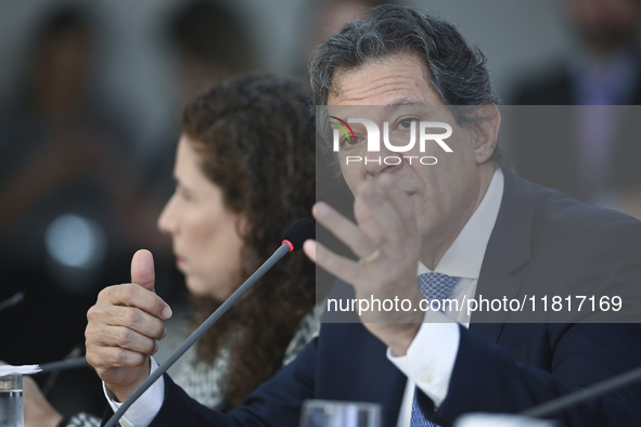 Brazil's Finance Minister, Fernando Haddad, holds a press conference at the Planalto Palace in Brasilia, Brazil, on November 28, 2024, to de...