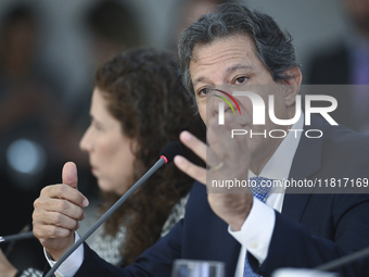 Brazil's Finance Minister, Fernando Haddad, holds a press conference at the Planalto Palace in Brasilia, Brazil, on November 28, 2024, to de...