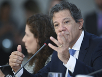 Brazil's Finance Minister, Fernando Haddad, holds a press conference at the Planalto Palace in Brasilia, Brazil, on November 28, 2024, to de...