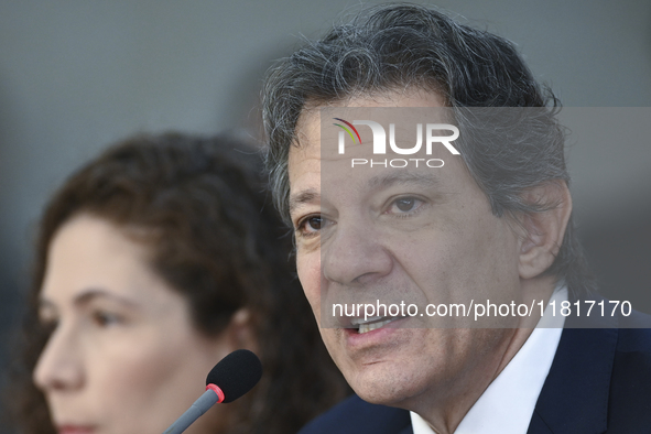 Brazil's Finance Minister, Fernando Haddad, holds a press conference at the Planalto Palace in Brasilia, Brazil, on November 28, 2024, to de...