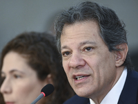 Brazil's Finance Minister, Fernando Haddad, holds a press conference at the Planalto Palace in Brasilia, Brazil, on November 28, 2024, to de...