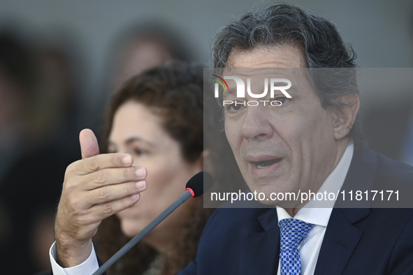 Brazil's Finance Minister, Fernando Haddad, holds a press conference at the Planalto Palace in Brasilia, Brazil, on November 28, 2024, to de...