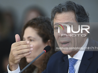 Brazil's Finance Minister, Fernando Haddad, holds a press conference at the Planalto Palace in Brasilia, Brazil, on November 28, 2024, to de...