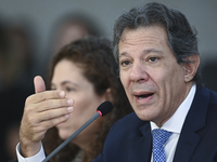 Brazil's Finance Minister, Fernando Haddad, holds a press conference at the Planalto Palace in Brasilia, Brazil, on November 28, 2024, to de...