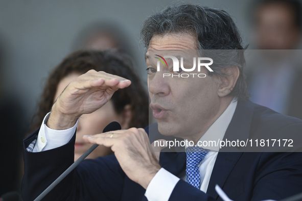 Brazil's Finance Minister, Fernando Haddad, holds a press conference at the Planalto Palace in Brasilia, Brazil, on November 28, 2024, to de...