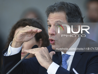 Brazil's Finance Minister, Fernando Haddad, holds a press conference at the Planalto Palace in Brasilia, Brazil, on November 28, 2024, to de...