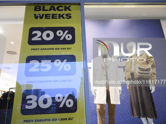 Black Week sales are displayed ahead of Black Friday in Warsaw, Poland, on November 28, 2024. (