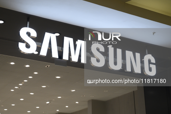 Samsung signage is seen on a shop in Warsaw, Poland, on November 28, 2024. 