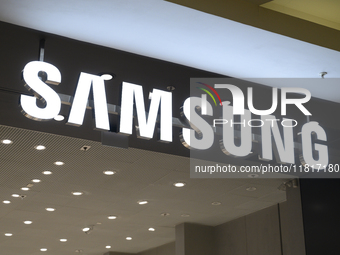 Samsung signage is seen on a shop in Warsaw, Poland, on November 28, 2024. (