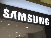 Samsung signage is seen on a shop in Warsaw, Poland, on November 28, 2024. (