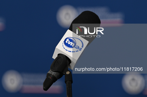 KRAKOW, POLAND - NOVEMBER 27:   
A TVN 24 microphone seen ahead of the press conference during the 1st National Congress, 'The Defense Syste...