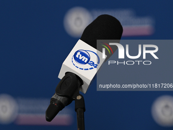 KRAKOW, POLAND - NOVEMBER 27:   
A TVN 24 microphone seen ahead of the press conference during the 1st National Congress, 'The Defense Syste...