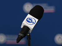 KRAKOW, POLAND - NOVEMBER 27:   
A TVN 24 microphone seen ahead of the press conference during the 1st National Congress, 'The Defense Syste...