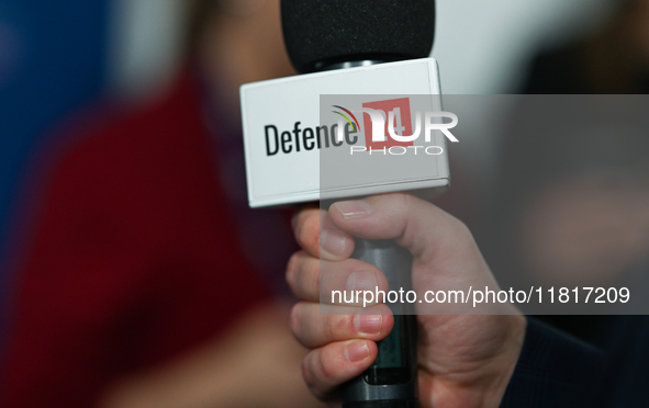 KRAKOW, POLAND - NOVEMBER 27:   
A Defence 24 microphone held by a Defence 24 reporter the press conference during the 1st National Congress...