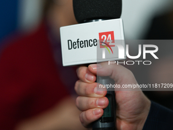 KRAKOW, POLAND - NOVEMBER 27:   
A Defence 24 microphone held by a Defence 24 reporter the press conference during the 1st National Congress...