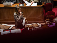 Astrid Panosyan-Bouvet, Minister for Labour and Employment, is in parliament during the debate on the repeal of the pension reform in Paris,...