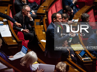 Republican Right MP Fabien Di Filippo is in Parliament during the debate on the repeal of the pension reform in Paris, France, on November 2...